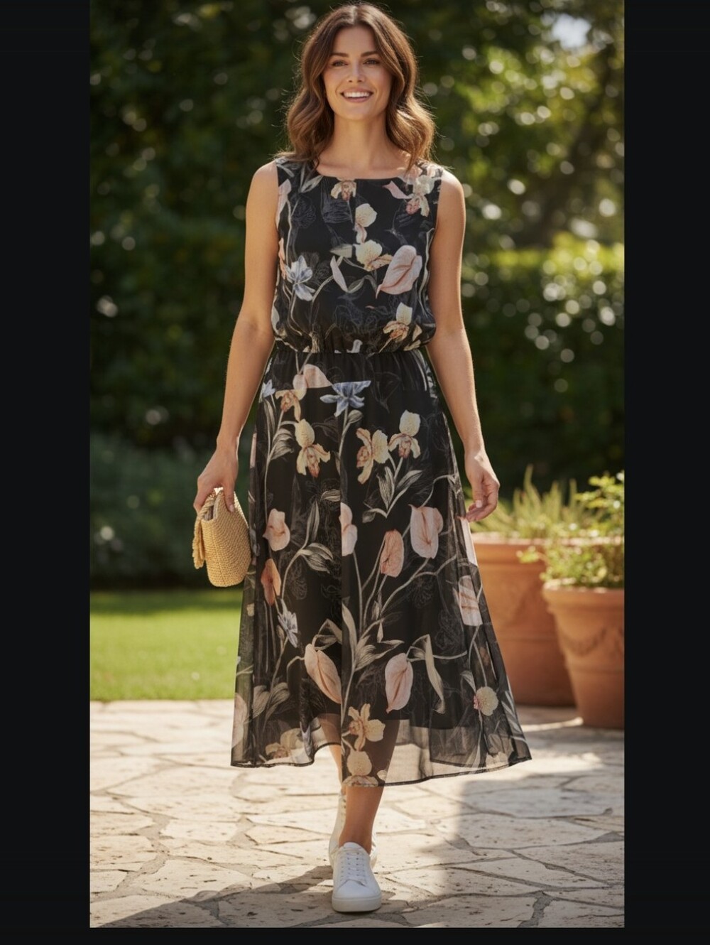 WHBM Floral Black Sleeveless Midi Dress - Casual Summer Style